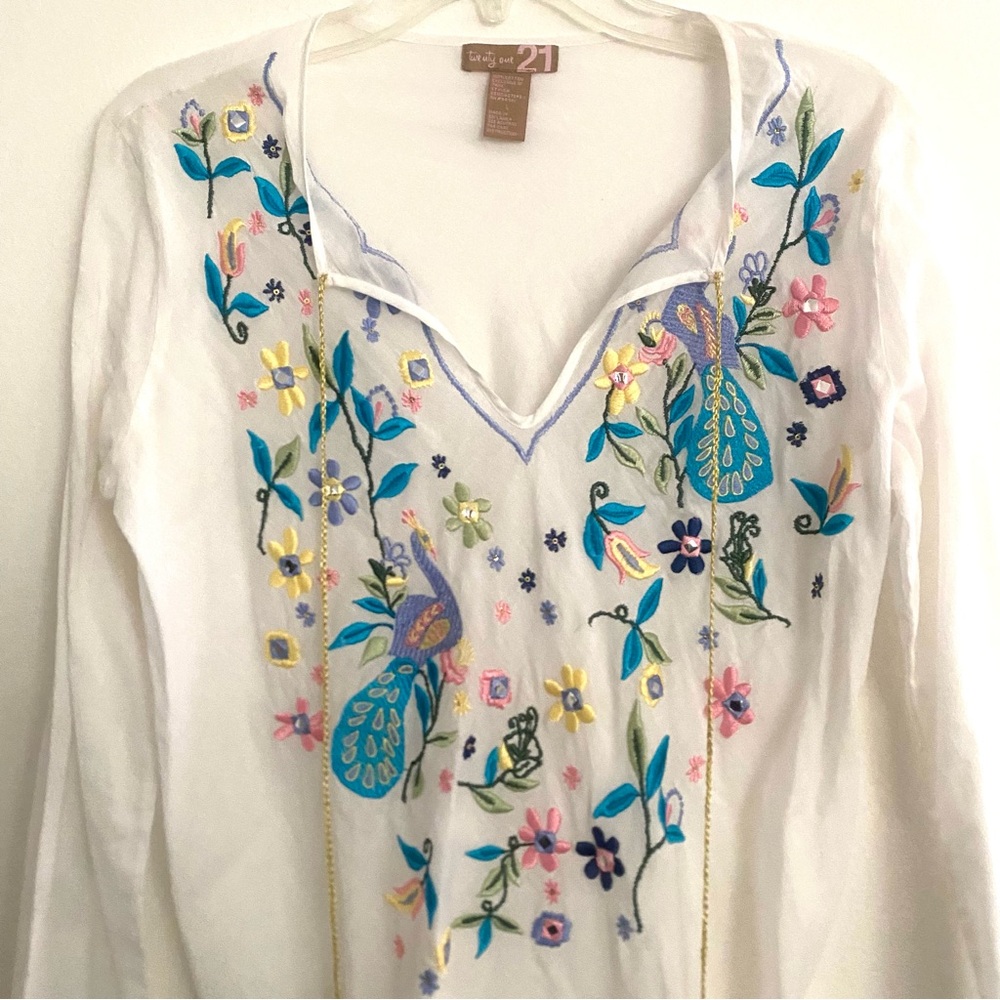 VINTAGE Y2K FOREVER 21 LONG SLEEVE EMBROIDERED FLORAL BOHO BLOUSE SIZE LARGE - Picture 2 of 4